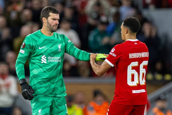 LIVERPOOL, ENGLAND - Thursday, October 5, 2023: Liverpool's Trent Alexander-Arnold (R) hands over the captain's armband to goalkeeper Alisson Becker as he is substituted during the UEFA Europa League Group E matchday 2 game between Liverpool FC and Union SG at Anfield. (Pic by David Rawcliffe/Propaganda)