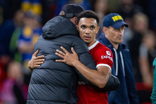 LIVERPOOL, ENGLAND - Thursday, October 5, 2023: Liverpool's Trent Alexander-Arnold (R) embraces manager Jürgen Klopp as he is substituted during the UEFA Europa League Group E matchday 2 game between Liverpool FC and Union SG at Anfield. (Pic by David Rawcliffe/Propaganda)