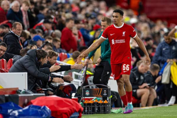 LIVERPOOL, ENGLAND - Thursday, October 5, 2023: Liverpool's Trent Alexander-Arnold is substituted during the UEFA Europa League Group E matchday 2 game between Liverpool FC and Union SG at Anfield. (Pic by David Rawcliffe/Propaganda)