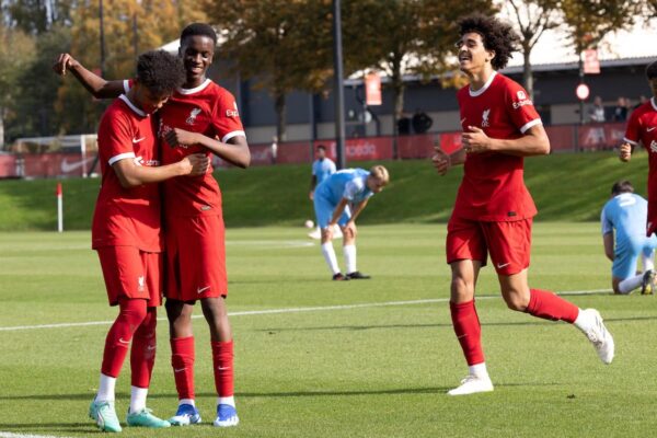 LIVERPOOL, ENGLAND - Saturday, October 7, 2023: Liverpool's Trent Kone-Doherty (L) celebrates with team-mates after the third goal during the Under-18 Premier League North match between Liverpool FC Under-18's and AFC Sunderland Under-18's at the Liverpool Academy. (Pic by John Middleton/Propaganda)