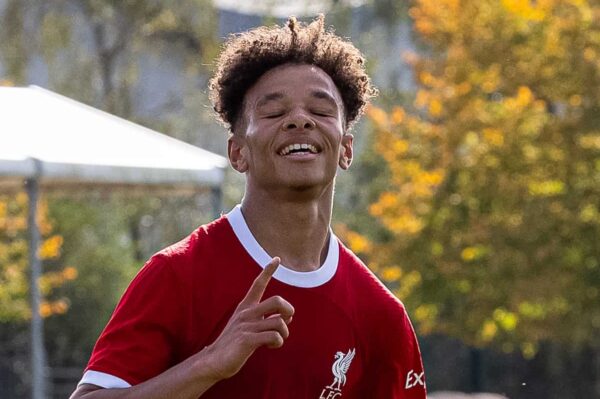 LIVERPOOL, ENGLAND - Saturday, October 7, 2023: Liverpool's Trent Kone-Doherty celebrates after scoring the fourth goal during the Under-18 Premier League North match between Liverpool FC Under-18's and AFC Sunderland Under-18's at the Liverpool Academy. (Pic by John Middleton/Propaganda)