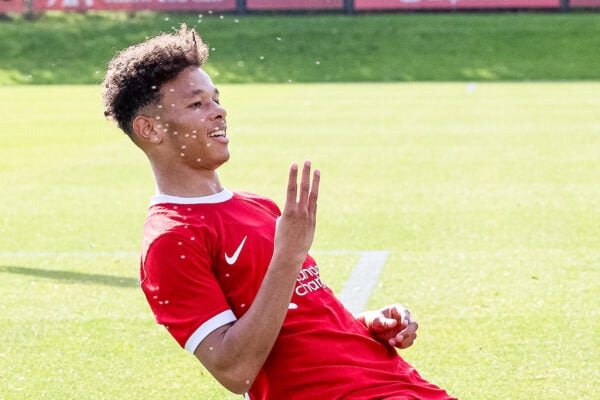 LIVERPOOL, ENGLAND - Saturday, October 7, 2023: Liverpool's Trent Kone-Doherty celebrates after scoring the fourth goal during the Under-18 Premier League North match between Liverpool FC Under-18's and AFC Sunderland Under-18's at the Liverpool Academy. (Pic by John Middleton/Propaganda)