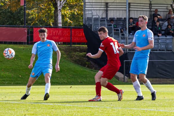 LIVERPOOL, ENGLAND - Saturday, October 7, 2023: Liverpool's substitute Joe Bradshaw scores the fifth goal on his debut during the Under-18 Premier League North match between Liverpool FC Under-18's and AFC Sunderland Under-18's at the Liverpool Academy. (Pic by John Middleton/Propaganda)