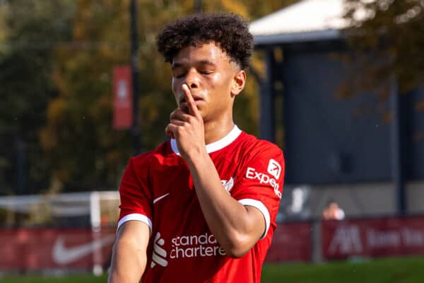 LIVERPOOL, ENGLAND - Saturday, October 7, 2023: Liverpool's Trent Kone-Doherty celebrates after scoring the third goal during the Under-18 Premier League North match between Liverpool FC Under-18's and AFC Sunderland Under-18's at the Liverpool Academy. (Pic by John Middleton/Propaganda)