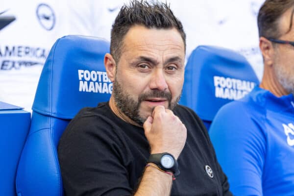 BRIGHTON & HOVE, ENGLAND - Sunday, October 8, 2023: Brighton & Hove Albion's manager Roberto De Zerbi before the FA Premier League match between Brighton & Hove Albion FC and Liverpool FC at the American Express Community Stadium. (Pic by David Rawcliffe/Propaganda)