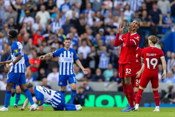 BRIGHTON & HOVE, ENGLAND - Sunday, October 8, 2023: Liverpool's Joël Matip reacts during the FA Premier League match between Brighton & Hove Albion FC and Liverpool FC at the American Express Community Stadium. (Pic by David Rawcliffe/Propaganda)