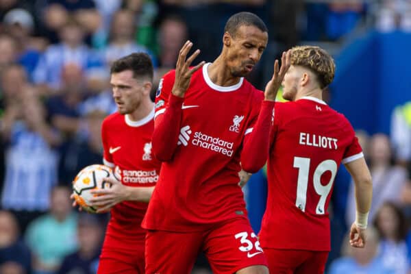 BRIGHTON & HOVE, ENGLAND - Sunday, October 8, 2023: Liverpool's Joël Matip reacts during the FA Premier League match between Brighton & Hove Albion FC and Liverpool FC at the American Express Community Stadium. (Pic by David Rawcliffe/Propaganda)