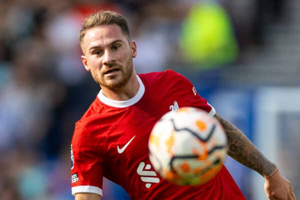 BRIGHTON & HOVE, ENGLAND - Sunday, October 8, 2023: Liverpool's Alexis Mac Allister (R) during the FA Premier League match between Brighton & Hove Albion FC and Liverpool FC at the American Express Community Stadium. (Pic by David Rawcliffe/Propaganda)