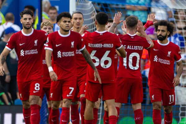 BRIGHTON & HOVE, ENGLAND - Sunday, October 8, 2023: Liverpool's Mohamed Salah (R) celebrates with team-mates after scoring the first equalising goal during the FA Premier League match between Brighton & Hove Albion FC and Liverpool FC at the American Express Community Stadium. (Pic by David Rawcliffe/Propaganda)