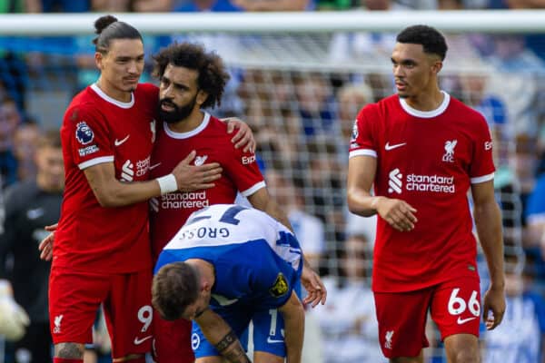 BRIGHTON & HOVE, ENGLAND - Sunday, October 8, 2023: Liverpool's Mohamed Salah (C) celebrates with team-mate Darwin Núñez after scoring the first equalising goal during the FA Premier League match between Brighton & Hove Albion FC and Liverpool FC at the American Express Community Stadium. (Pic by David Rawcliffe/Propaganda)