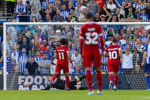 BRIGHTON & HOVE, ENGLAND - Sunday, October 8, 2023: Liverpool's Mohamed Salah scores the second goal pasr Brighton & Hove Albion's goalkeeper Bart Verbruggen from a penalty kick during the FA Premier League match between Brighton & Hove Albion FC and Liverpool FC at the American Express Community Stadium. (Pic by David Rawcliffe/Propaganda)