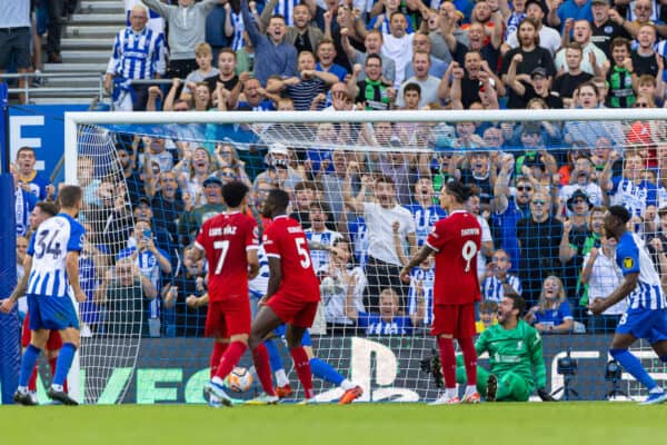 BRIGHTON & HOVE, ENGLAND - Sunday, October 8, 2023: Liverpool's goalkeeper Alisson Becker is beaten as Brighton & Hove Albion score an equalising goal to level the score 2-2 during the FA Premier League match between Brighton & Hove Albion FC and Liverpool FC at the American Express Community Stadium. (Pic by David Rawcliffe/Propaganda)