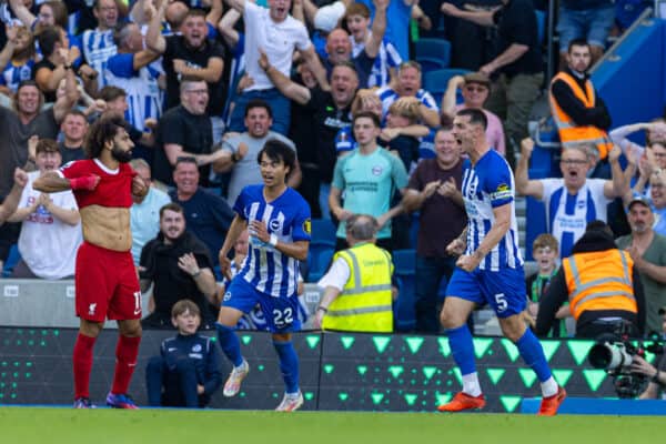 BRIGHTON & HOVE, ENGLAND - Sunday, October 8, 2023: Brighton & Hove Albion's captain Lewis Dunk celebrates after scoring an equalising goal to level the score 2-2 during the FA Premier League match between Brighton & Hove Albion FC and Liverpool FC at the American Express Community Stadium. (Pic by David Rawcliffe/Propaganda)