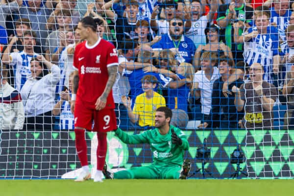 BRIGHTON & HOVE, ENGLAND - Sunday, October 8, 2023: Liverpool's goalkeeper Alisson Becker looks dejected as Brighton & Hove Albion score an equalising goal to level the score 2-2 during the FA Premier League match between Brighton & Hove Albion FC and Liverpool FC at the American Express Community Stadium. (Pic by David Rawcliffe/Propaganda)