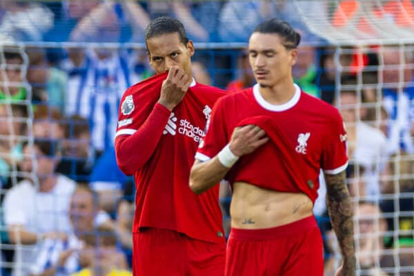 BRIGHTON & HOVE, ENGLAND - Sunday, October 8, 2023: Liverpool's captain Virgil van Dijk (L) and Darwin Núñez look dejected as Brighton & Hove Albion score an equalising goal to level the score 2-2 during the FA Premier League match between Brighton & Hove Albion FC and Liverpool FC at the American Express Community Stadium. (Pic by David Rawcliffe/Propaganda)