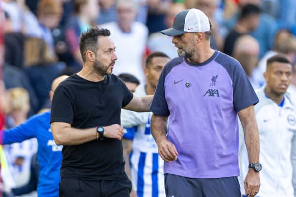 BRIGHTON & HOVE, ENGLAND - Sunday, October 8, 2023: Liverpool's manager Jürgen Klopp (R) and Brighton & Hove Albion's manager Roberto De Zerbi speak after the FA Premier League match between Brighton & Hove Albion FC and Liverpool FC at the American Express Community Stadium. (Pic by David Rawcliffe/Propaganda)