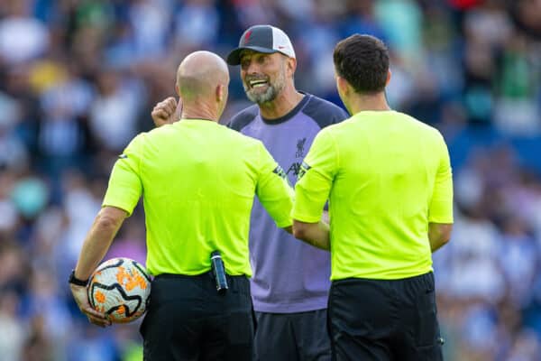 BRIGHTON & HOVE, ENGLAND - Sunday, October 8, 2023: Liverpool's manager Jürgen Klopp speaks with referee Anthony Taylor after the FA Premier League match between Brighton & Hove Albion FC and Liverpool FC at the American Express Community Stadium. (Pic by David Rawcliffe/Propaganda)