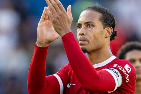 BRIGHTON & HOVE, ENGLAND - Sunday, October 8, 2023: Liverpool's captain Virgil van Dijk applauds the supporters after the FA Premier League match between Brighton & Hove Albion FC and Liverpool FC at the American Express Community Stadium. (Pic by David Rawcliffe/Propaganda)