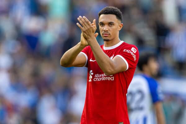 BRIGHTON & HOVE, ENGLAND - Sunday, October 8, 2023: Liverpool's Trent Alexander-Arnold applauds the supporters after the FA Premier League match between Brighton & Hove Albion FC and Liverpool FC at the American Express Community Stadium. (Pic by David Rawcliffe/Propaganda)