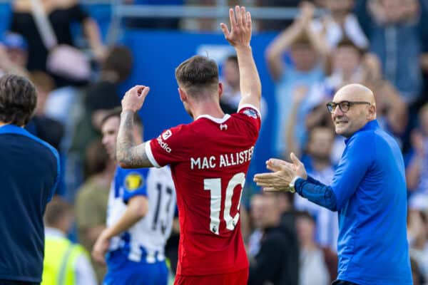 BRIGHTON & HOVE, ENGLAND - Sunday, October 8, 2023: Liverpool's Alexis Mac Allister applauds the Brighton & Hove Albion supporters after the FA Premier League match between Brighton & Hove Albion FC and Liverpool FC at the American Express Community Stadium. (Pic by David Rawcliffe/Propaganda)