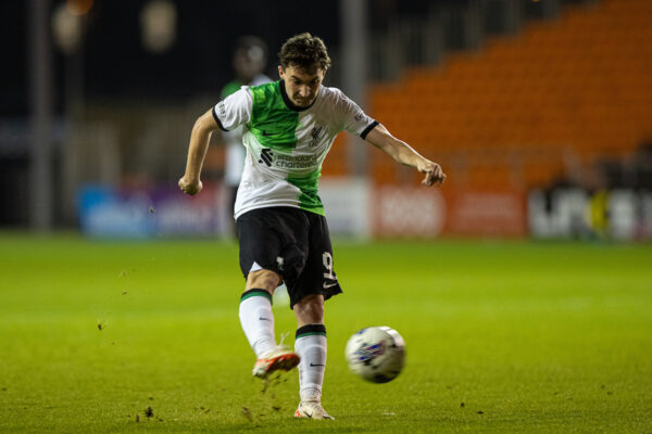 BLACKPOOL, ENGLAND - Tuesday, October 10, 2023: Liverpool's Mateusz Musialowski shoots during the English Football League Trophy Northern Group A match between Blackpool FC and Liverpool FC Under-21's at Bloomfield Road. (Photo by David Rawcliffe/Propaganda)