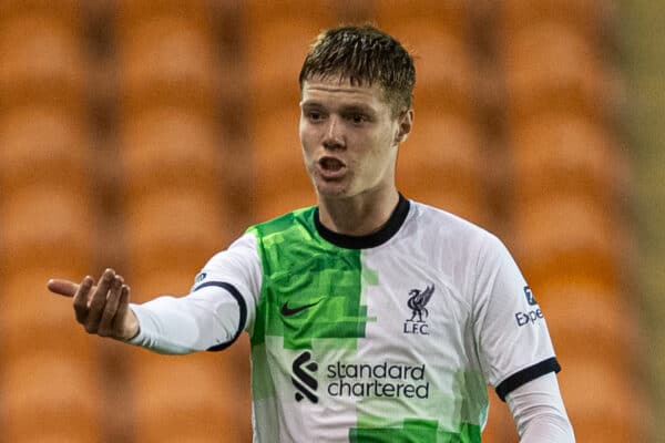 BLACKPOOL, ENGLAND - Tuesday, October 10, 2023: Liverpool's Carter Pinnington during the English Football League Trophy Northern Group A match between Blackpool FC and Liverpool FC Under-21's at Bloomfield Road. (Photo by David Rawcliffe/Propaganda)