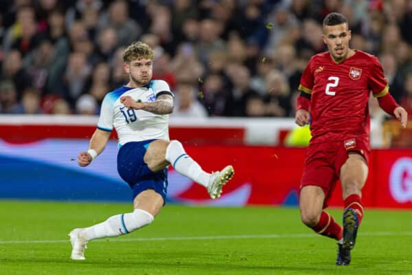 NOTTINGHAM, ENGLAND - Thursday, October 12, 2023: England's Harvey Elliott shoots at goal during the 2025 UEFA European Under-21 Championship Qualifying Group F game between England and Serbia at the City Ground. (Photo by David Rawcliffe/Propaganda)