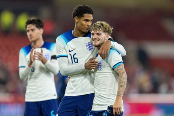 NOTTINGHAM, ENGLAND - Thursday, October 12, 2023: England's Liverpool duo Jarell Quansah (L) and Harvey Elliott celebrate after the 2025 UEFA European Under-21 Championship Qualifying Group F game between England and Serbia at the City Ground. England won 9-1. (Photo by David Rawcliffe/Propaganda)