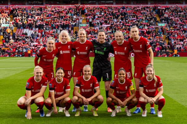 LIVERPOOL, ENGLAND - Sunday, October 15, 2023: Liverpool players line-up for a team group photograph before the FA Women’s Super League game between Liverpool FC Women and Everton FC Women at Anfield. (Pic by Paul Greenwood/Propaganda)
