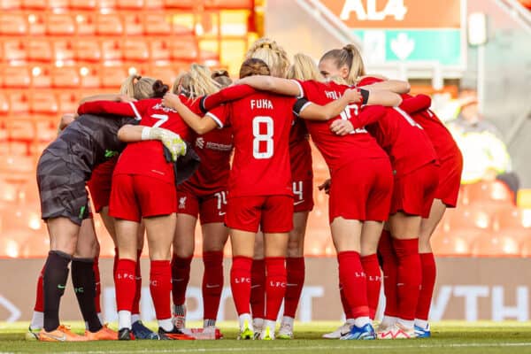 LIVERPOOL, ENGLAND - Sunday, October 15, 2023: Liverpool players form a pore-match team huddle before the FA Women’s Super League game between Liverpool FC Women and Everton FC Women at Anfield. (Pic by Paul Greenwood/Propaganda)