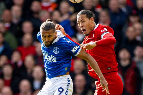 LIVERPOOL, ENGLAND - Saturday, October 21, 2023: Everton's Dominic Calvert-Lewin (L) challenges for a header with Liverpool's captain Virgil van Dijk during the FA Premier League match between Liverpool FC and Everton FC, the 243rd Merseyside Derby, at Anfield. (Photo by David Rawcliffe/Propaganda)