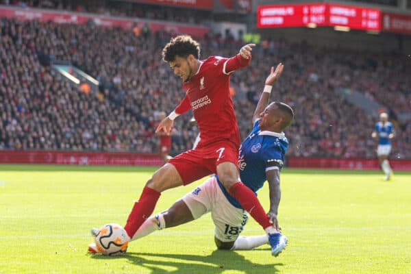 LIVERPOOL, ENGLAND - Saturday, October 21, 2023: Liverpool's Luis Díaz (L) is by Everton's Ashley Young, leading to a second yellow card and a red card for the Everton player, during the FA Premier League match between Liverpool FC and Everton FC, the 243rd Merseyside Derby, at Anfield. (Photo by David Rawcliffe/Propaganda)