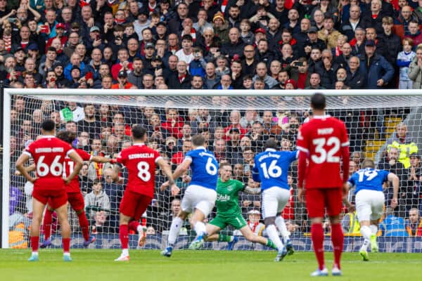 LIVERPOOL, ENGLAND - Saturday, October 21, 2023: Everton's goalkeeper Jordan Pickford is beaten for the opening goal by a penalty from Liverpool's Mohamed Salah during the FA Premier League match between Liverpool FC and Everton FC, the 243rd Merseyside Derby, at Anfield. (Photo by David Rawcliffe/Propaganda)