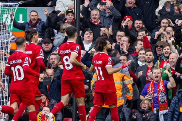 LIVERPOOL, ENGLAND - Saturday, October 21, 2023: Liverpool's Mohamed Salah celebrates after scoring the first goal during the FA Premier League match between Liverpool FC and Everton FC, the 243rd Merseyside Derby, at Anfield. (Photo by David Rawcliffe/Propaganda)