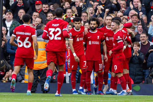 LIVERPOOL, ENGLAND - Saturday, October 21, 2023: Liverpool's Mohamed Salah celebrates after scoring the first goal during the FA Premier League match between Liverpool FC and Everton FC, the 243rd Merseyside Derby, at Anfield. (Photo by David Rawcliffe/Propaganda)