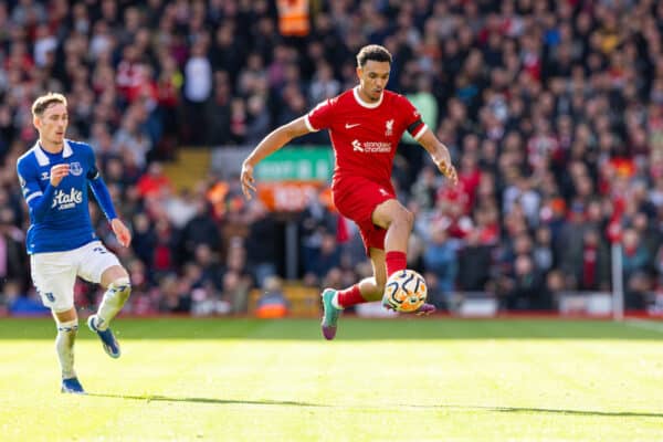 LIVERPOOL, ENGLAND - Saturday, October 21, 2023: Liverpool's Trent Alexander-Arnold during the FA Premier League match between Liverpool FC and Everton FC, the 243rd Merseyside Derby, at Anfield. (Photo by David Rawcliffe/Propaganda)