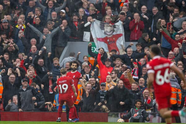 LIVERPOOL, ENGLAND - Saturday, October 21, 2023: Liverpool's Mohamed Salah celebrates after scoring the second goal during the FA Premier League match between Liverpool FC and Everton FC, the 243rd Merseyside Derby, at Anfield. (Photo by David Rawcliffe/Propaganda)