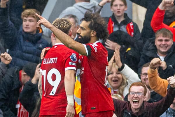 LIVERPOOL, ENGLAND - Saturday, October 21, 2023: Liverpool's Mohamed Salah celebrates after scoring the second goal during the FA Premier League match between Liverpool FC and Everton FC, the 243rd Merseyside Derby, at Anfield. (Photo by David Rawcliffe/Propaganda)