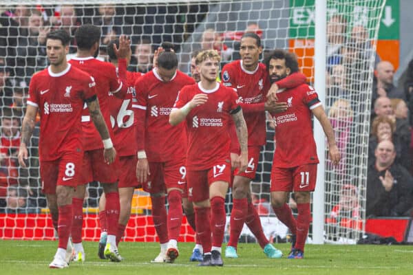 LIVERPOOL, ENGLAND - Saturday, October 21, 2023: Liverpool's Mohamed Salah celebrates after scoring the second goal during the FA Premier League match between Liverpool FC and Everton FC, the 243rd Merseyside Derby, at Anfield. (Photo by David Rawcliffe/Propaganda)