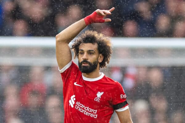 LIVERPOOL, ENGLAND - Saturday, October 21, 2023: Liverpool's Mohamed Salah celebrates after scoring the second goal during the FA Premier League match between Liverpool FC and Everton FC, the 243rd Merseyside Derby, at Anfield. (Photo by David Rawcliffe/Propaganda)