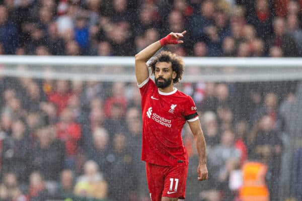 LIVERPOOL, ENGLAND - Saturday, October 21, 2023: Liverpool's Mohamed Salah celebrates after scoring the second goal during the FA Premier League match between Liverpool FC and Everton FC, the 243rd Merseyside Derby, at Anfield. (Photo by David Rawcliffe/Propaganda)