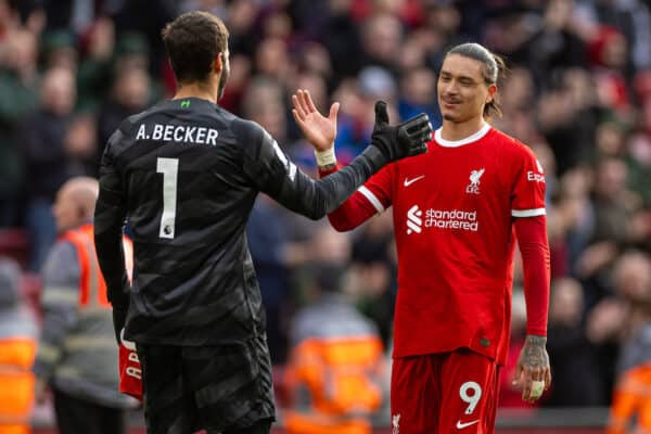 LIVERPOOL, ENGLAND - Saturday, October 21, 2023: Liverpool's Darwin Núñez (R) celebrates with goalkeeper Alisson Becker after the FA Premier League match between Liverpool FC and Everton FC, the 243rd Merseyside Derby, at Anfield. (Photo by David Rawcliffe/Propaganda)