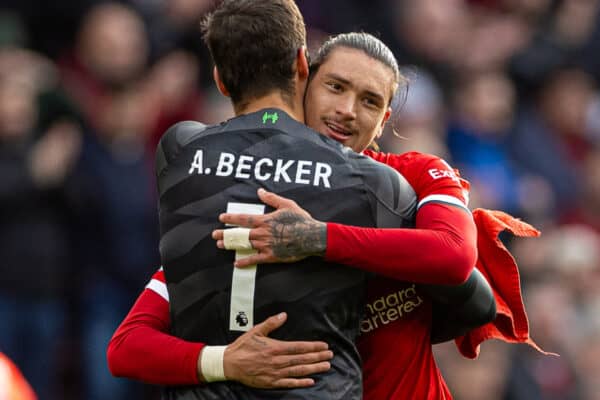 LIVERPOOL, ENGLAND - Saturday, October 21, 2023: Liverpool's Darwin Núñez (R) celebrates with goalkeeper Alisson Becker after the FA Premier League match between Liverpool FC and Everton FC, the 243rd Merseyside Derby, at Anfield. (Photo by David Rawcliffe/Propaganda)