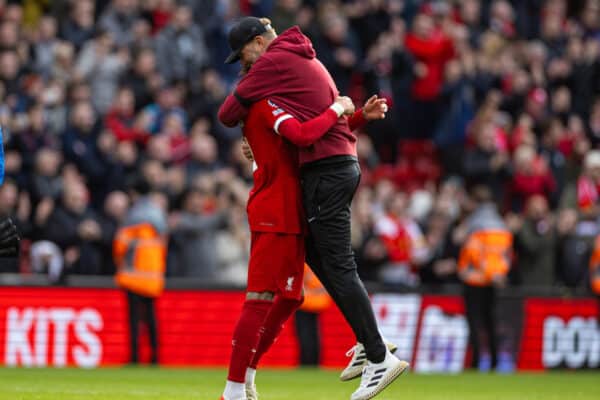 LIVERPOOL, ENGLAND - Saturday, October 21, 2023: Liverpool's manager Jürgen Klopp (R) celebrates with Darwin Núñez after the FA Premier League match between Liverpool FC and Everton FC, the 243rd Merseyside Derby, at Anfield. (Photo by David Rawcliffe/Propaganda)