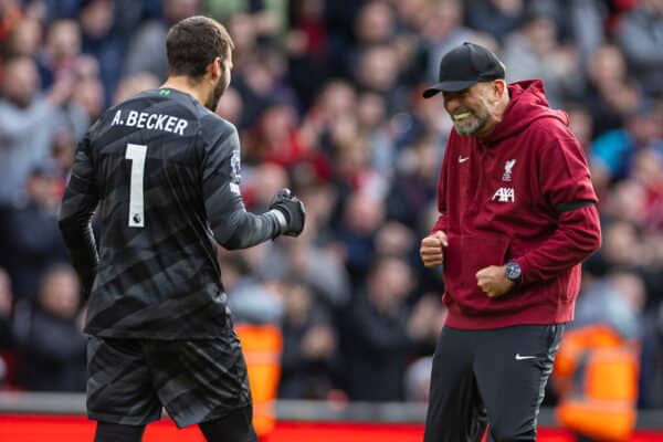 LIVERPOOL, ENGLAND - Saturday, October 21, 2023: Liverpool's manager Jürgen Klopp (R) celebrates with goalkeeper Alisson Becker after the FA Premier League match between Liverpool FC and Everton FC, the 243rd Merseyside Derby, at Anfield. (Photo by David Rawcliffe/Propaganda)