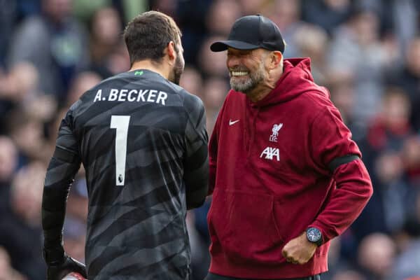 LIVERPOOL, ENGLAND - Saturday, October 21, 2023: Liverpool's manager Jürgen Klopp (R) celebrates with goalkeeper Alisson Becker after the FA Premier League match between Liverpool FC and Everton FC, the 243rd Merseyside Derby, at Anfield. (Photo by David Rawcliffe/Propaganda)