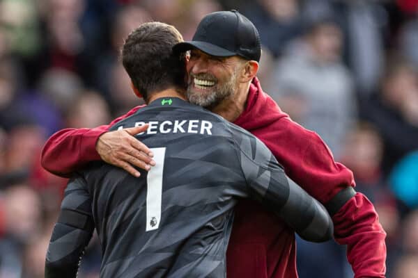 LIVERPOOL, ENGLAND - Saturday, October 21, 2023: Liverpool's manager Jürgen Klopp (R) celebrates with goalkeeper Alisson Becker after the FA Premier League match between Liverpool FC and Everton FC, the 243rd Merseyside Derby, at Anfield. (Photo by David Rawcliffe/Propaganda)