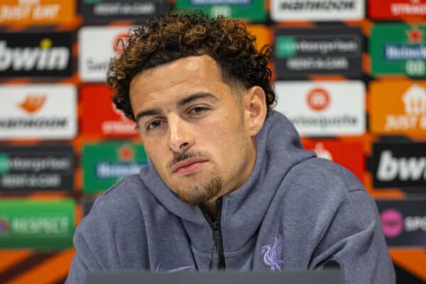 LIVERPOOL, ENGLAND - Wednesday, October 25, 2023: Liverpool's Curtis Jones during a press conference at Anfield ahead of the UEFA Europa League Group E matchday 3 game between Liverpool FC and Toulouse FC. (Photo by David Rawcliffe/Propaganda)