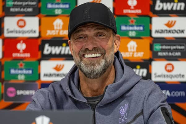 LIVERPOOL, ENGLAND - Wednesday, October 25, 2023: Liverpool's manager Jürgen Klopp during a press conference at Anfield ahead of the UEFA Europa League Group E matchday 3 game between Liverpool FC and Toulouse FC. (Photo by David Rawcliffe/Propaganda)