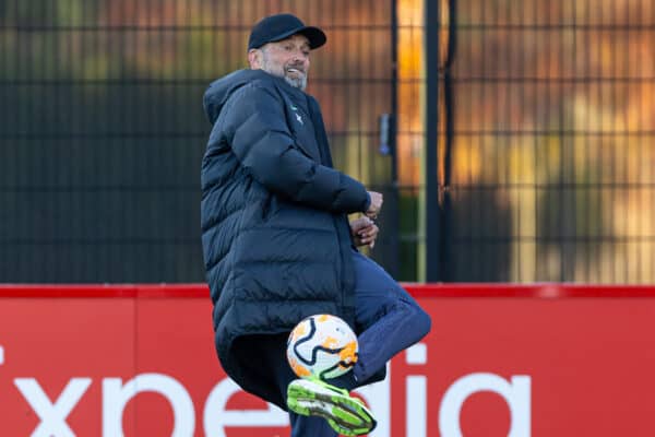 LIVERPOOL, ENGLAND - Wednesday, October 25, 2023: Liverpool's manager Jürgen Klopp during a training session at the AXA Training Centre ahead of the UEFA Europa League Group E match between Liverpool FC and FC Toulouse. (Photo by David Rawcliffe/Propaganda)